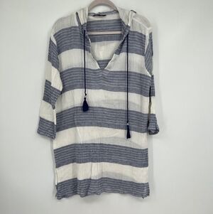 Spiaggia Dolce Striped Cotton Tassel Drawstring Hooded Swim Coverup Top